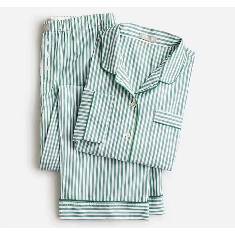 J Crew Poplin Pajamas Set Womens XXL Cotton Green Striped 2XL HTF Pants Top PJs - Picture 2 of 14